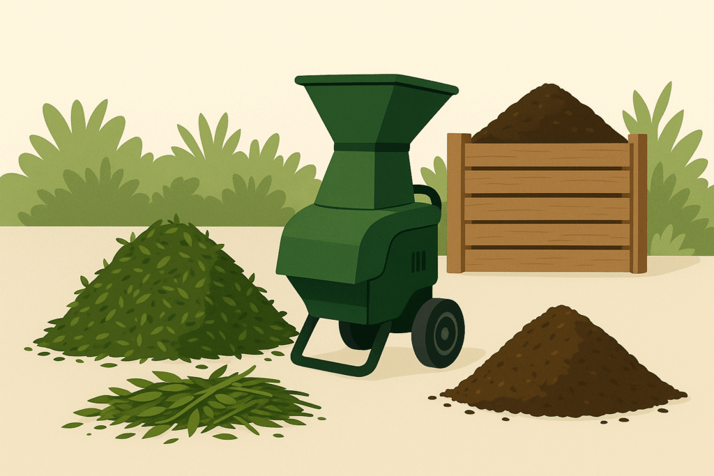 Häckselgut kompostieren mit Gartenhäcksler, frischem Schnittgut und Holzkomposter mit Komposterde.